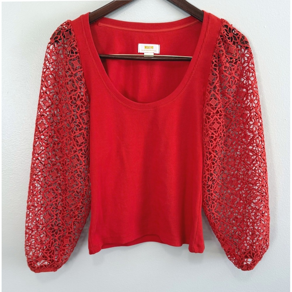 Maeve Anthropologie Red Ribbed Knit Top Floral Guipure Lace Balloon Sleeve Sz XS - Picture 4 of 12